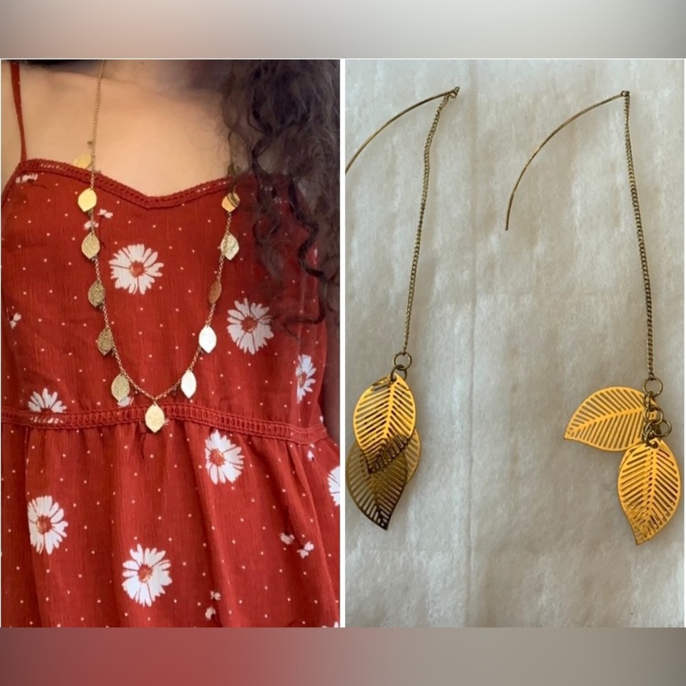 Fairycore/Greek Goddess Golden Leaf Necklace & Earrings Set 💛